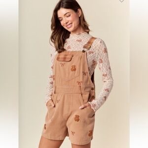 648. Embroidered Teddy Bear & bows denim overalls romper in tan brown